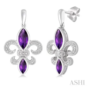 8x4 MM Marquise Cut Amethyst, 6x3 MM Marquise Cut Amethyst and 1/20 Ctw Round Cut Diamond Fleur De Lis Earrings in Sterling Silver