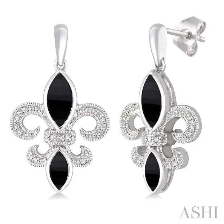 8x4 MM Marquise Cut Onyx, 6x3 MM Marquise Cut Onyx and 1/20 Ctw Round Cut Diamond Fleur De Lis Earrings in Sterling Silver