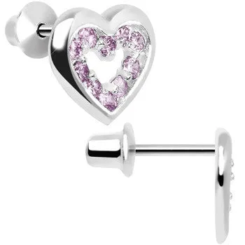 .925 Sterling Silver June CZ Open Heart Youth Screwback Earrings