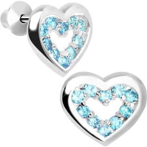 .925 Sterling Silver March CZ Open Heart Youth Screwback Earrings