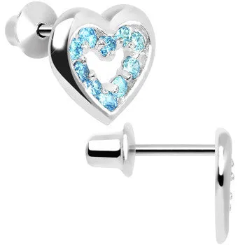 .925 Sterling Silver March CZ Open Heart Youth Screwback Earrings