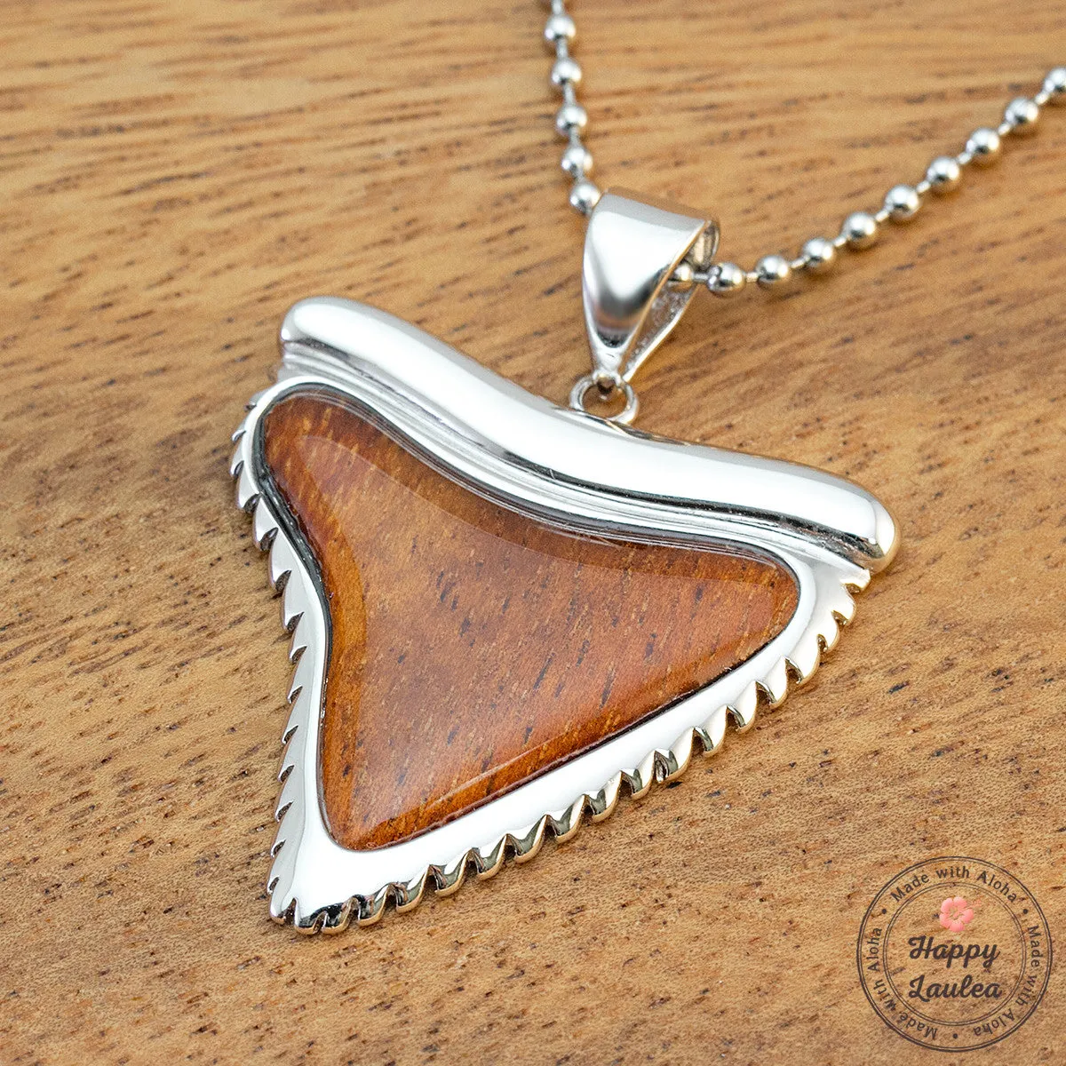 925 Sterling Silver Shark 'Mano' Tooth Pendant with Hawaiian Koa Wood Inlay