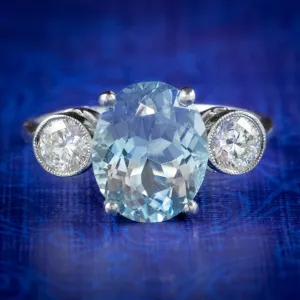 Antique Edwardian Aquamarine Diamond Trilogy Ring Platinum 3.25ct Aqua Circa 1910