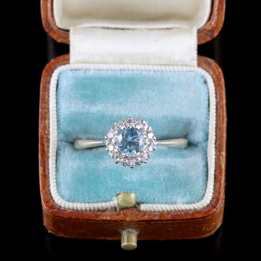 Antique Edwardian Blue Zircon Diamond Cluster Ring Circa 1915