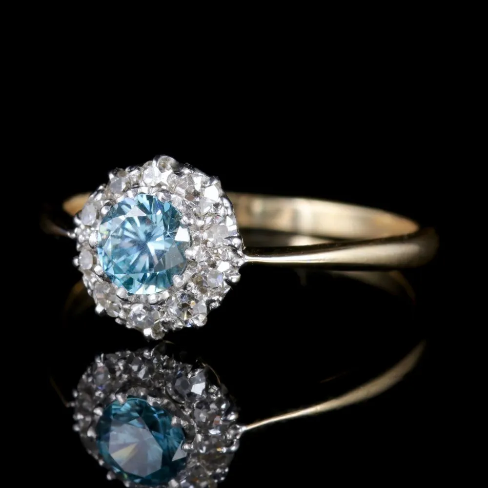 Antique Edwardian Blue Zircon Diamond Cluster Ring Circa 1915