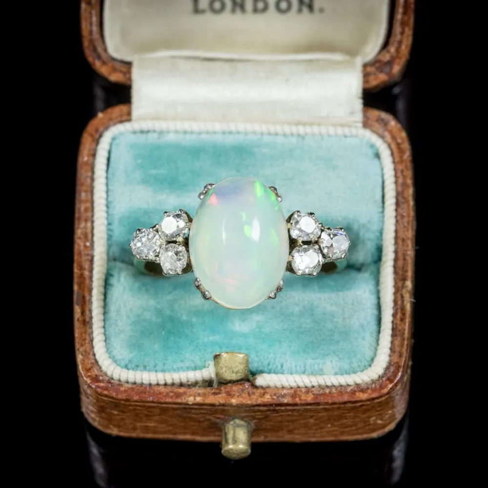 Antique Edwardian Opal Diamond Ring 18Ct Gold Circa 1910