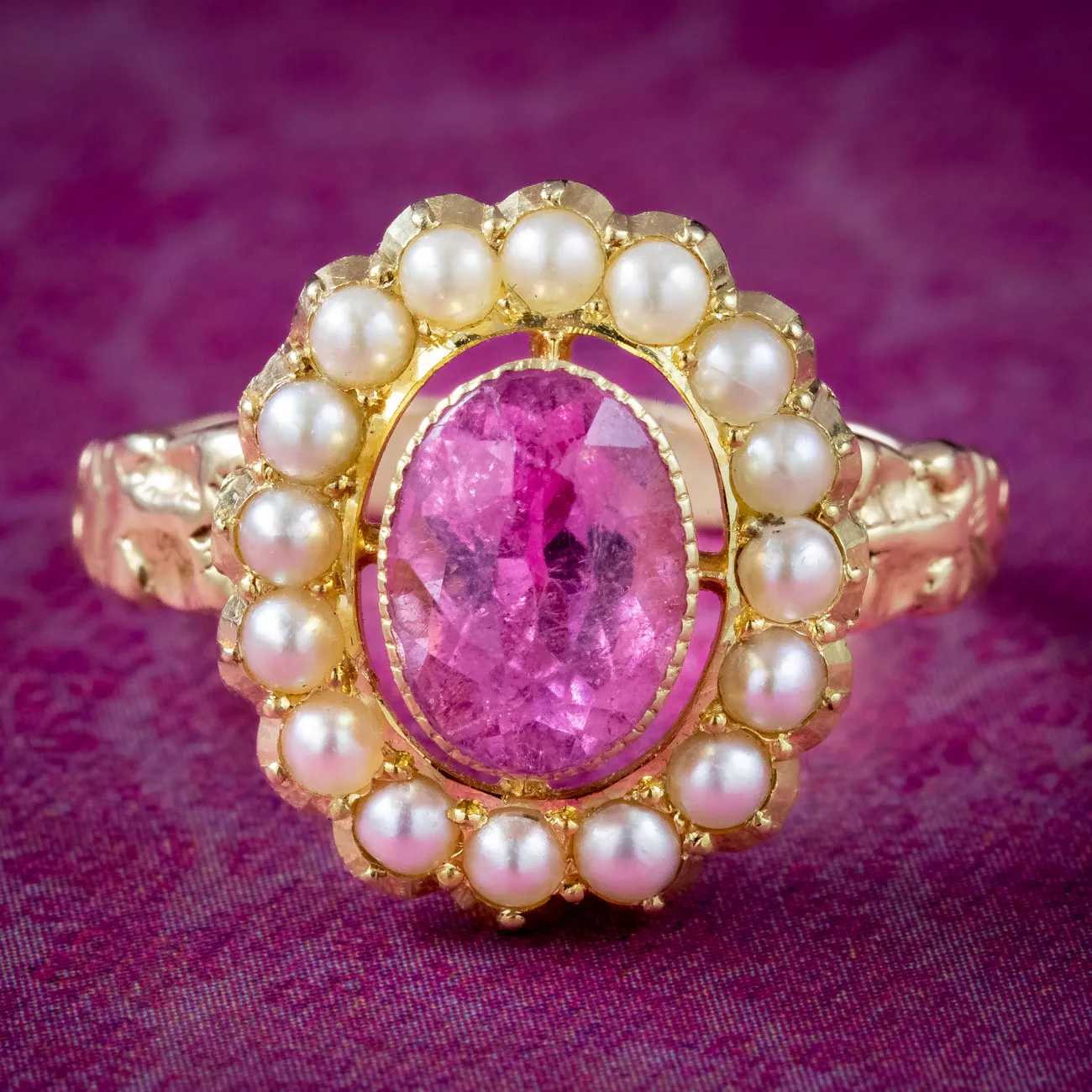 Antique Edwardian Pink Tourmaline Pearl Cluster Ring 1.5ct Tourmaline