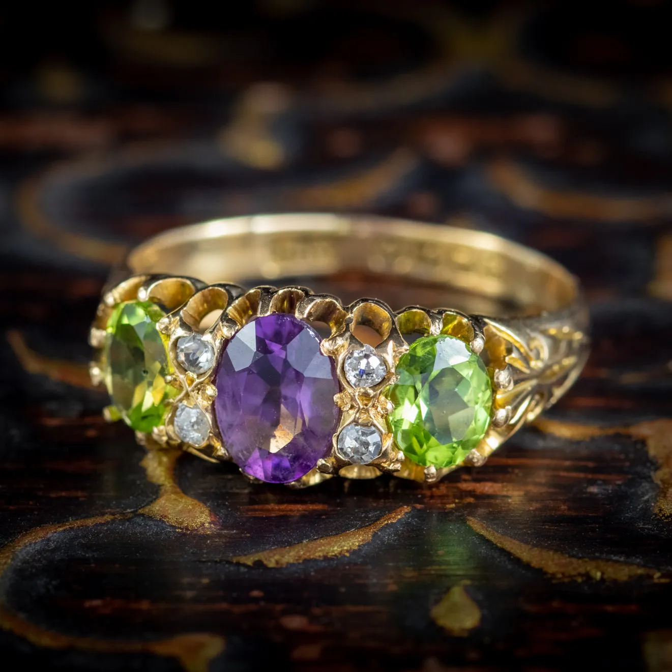 Antique Edwardian Suffragette Ring 18Ct Gold Peridot Amethyst Diamond Dated 1905