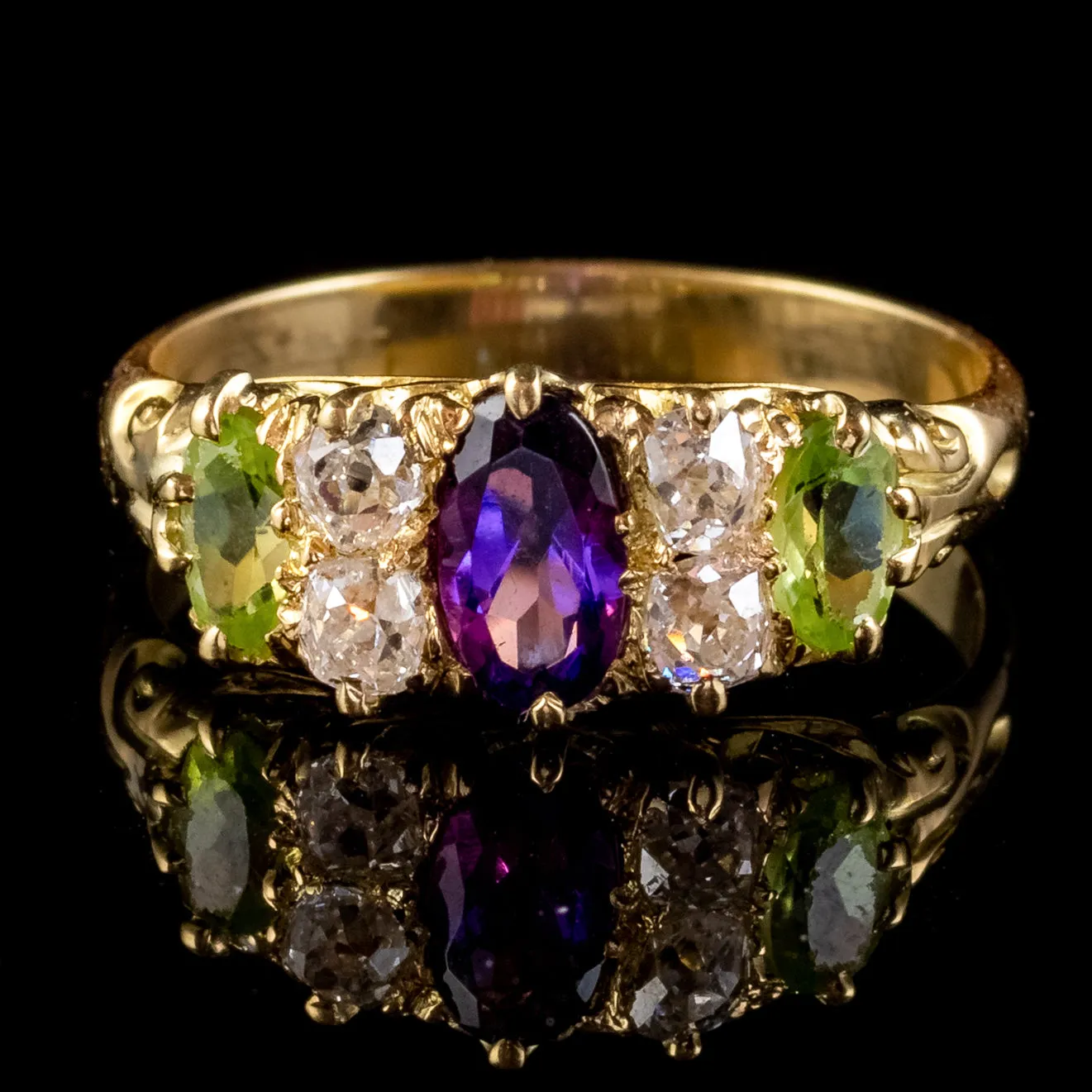 Antique Edwardian Suffragette Ring Amethyst Peridot Diamond 18ct Gold Circa 1910