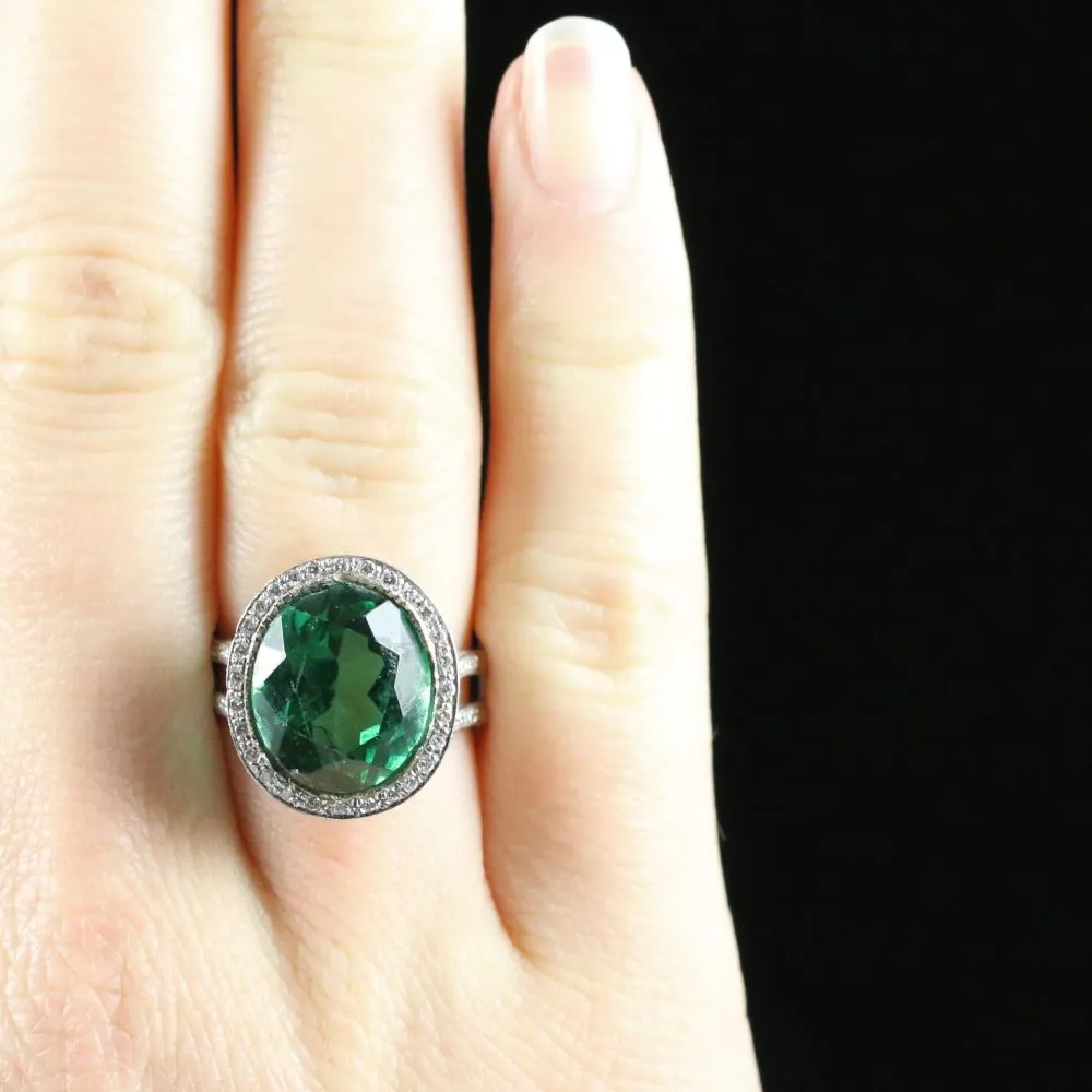 Antique Green Spinel And Diamond Ring 18Ct White Gold Circa 1940