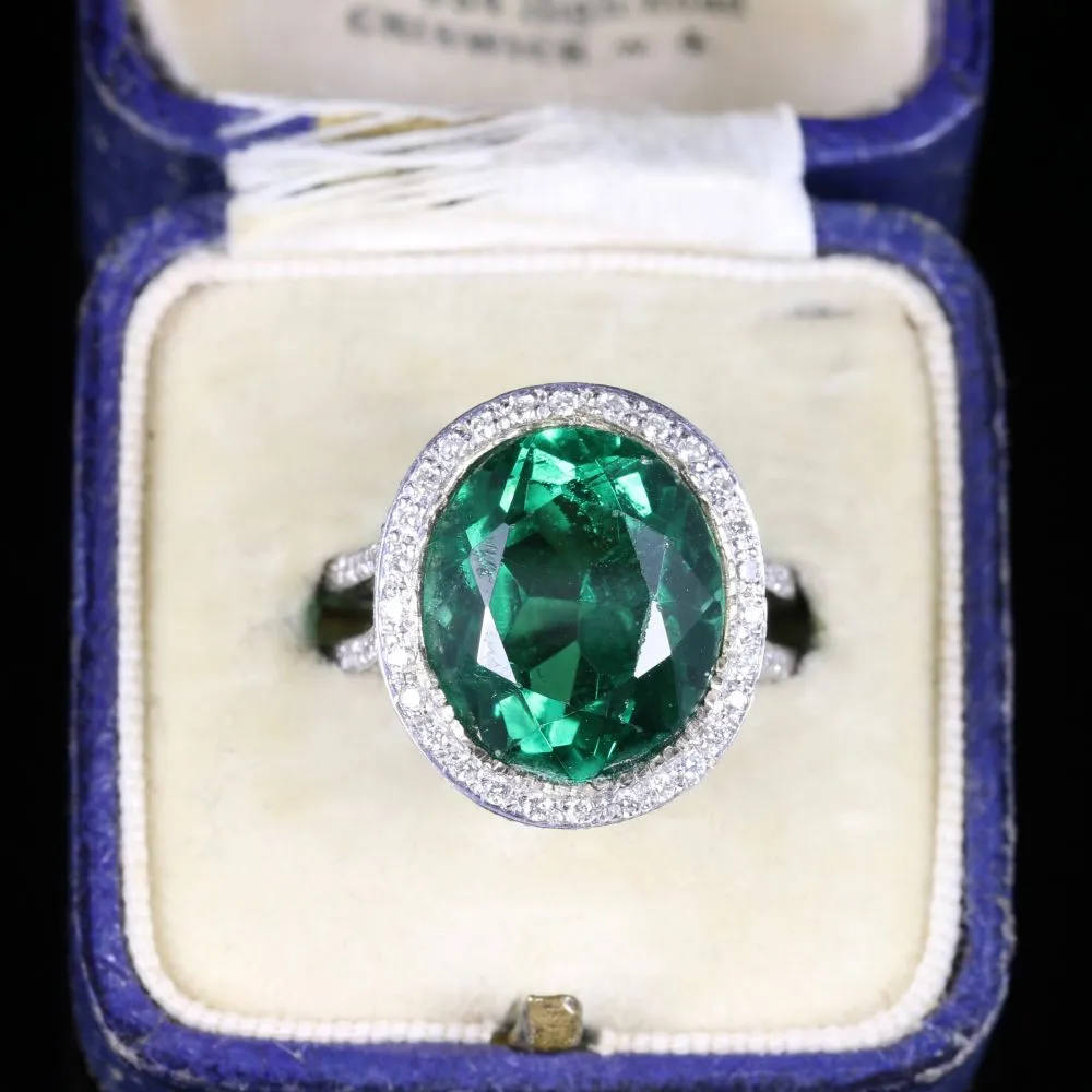 Antique Green Spinel And Diamond Ring 18Ct White Gold Circa 1940