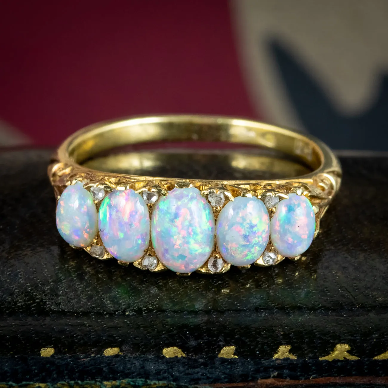 Antique Victorian Opal Diamond Five Stone Ring 1.7ct Of Opal