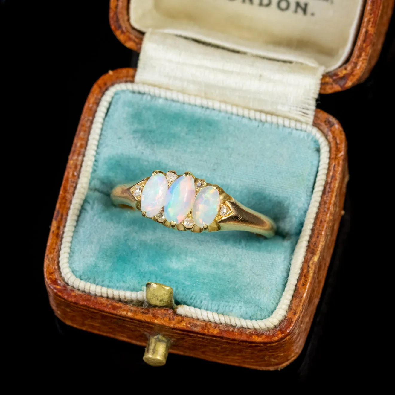 Antique Victorian Opal Diamond Trilogy Ring 18Ct Gold Circa 1900