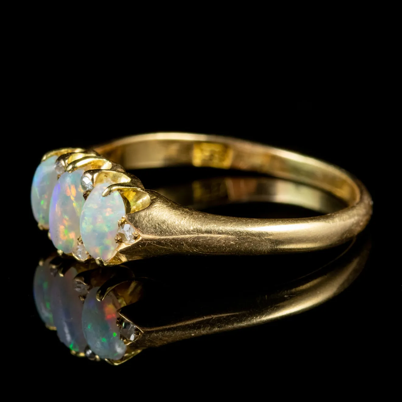 Antique Victorian Opal Diamond Trilogy Ring 18Ct Gold Circa 1900