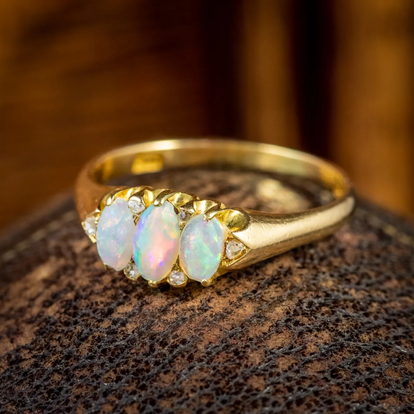 Antique Victorian Opal Diamond Trilogy Ring 18Ct Gold Circa 1900