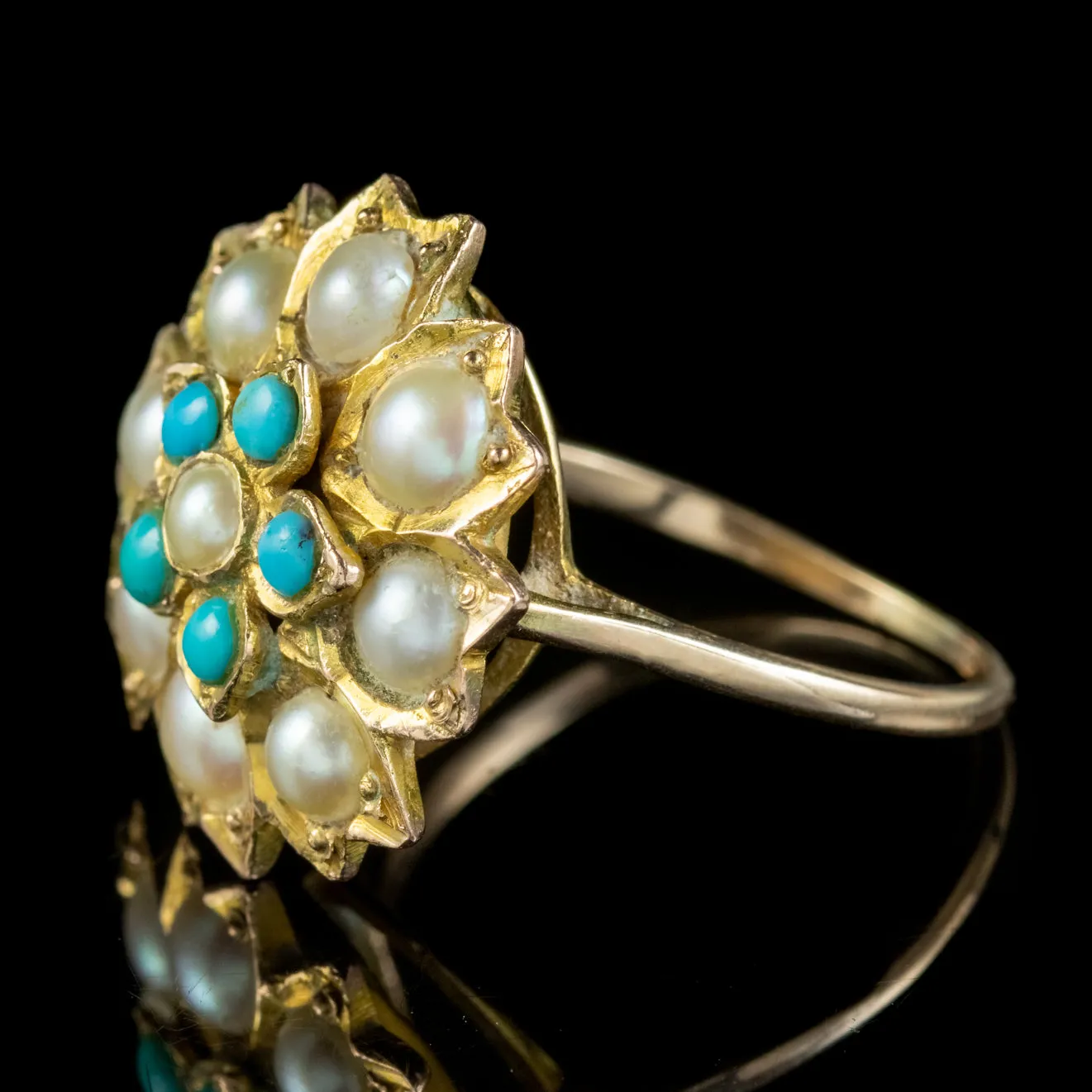 Antique Victorian Turquoise Pearl Daisy Ring 9ct Gold Circa 1900