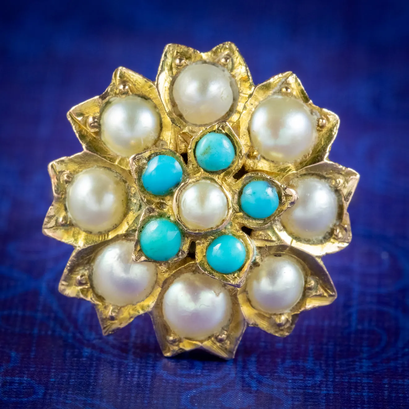 Antique Victorian Turquoise Pearl Daisy Ring 9ct Gold Circa 1900