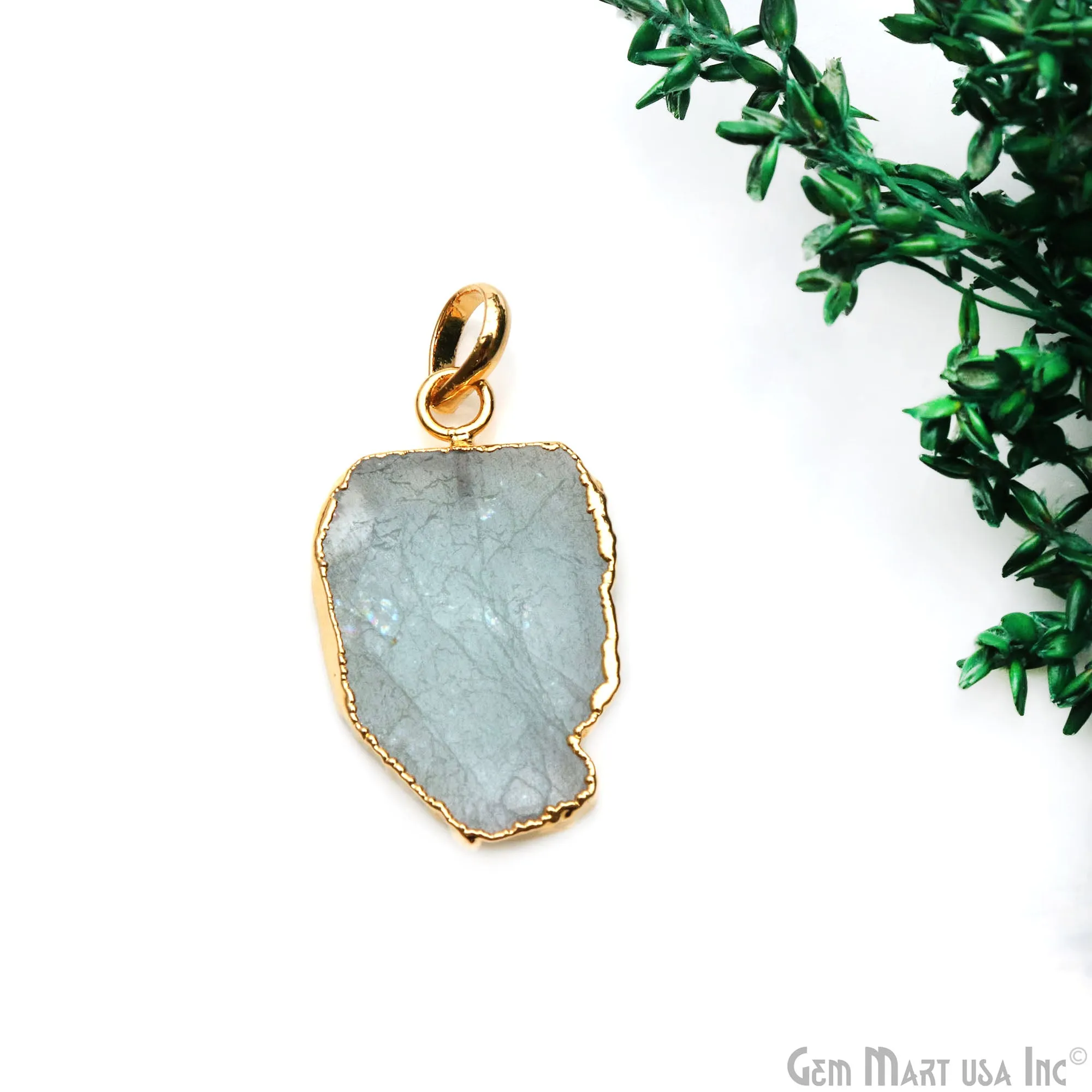 Aquamarine Free Form shape 31x18mm Gold Electroplated Gemstone Single Bail Pendant