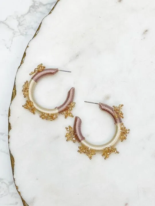 Beaded Floral Embellished Hoop Earrings - Gold