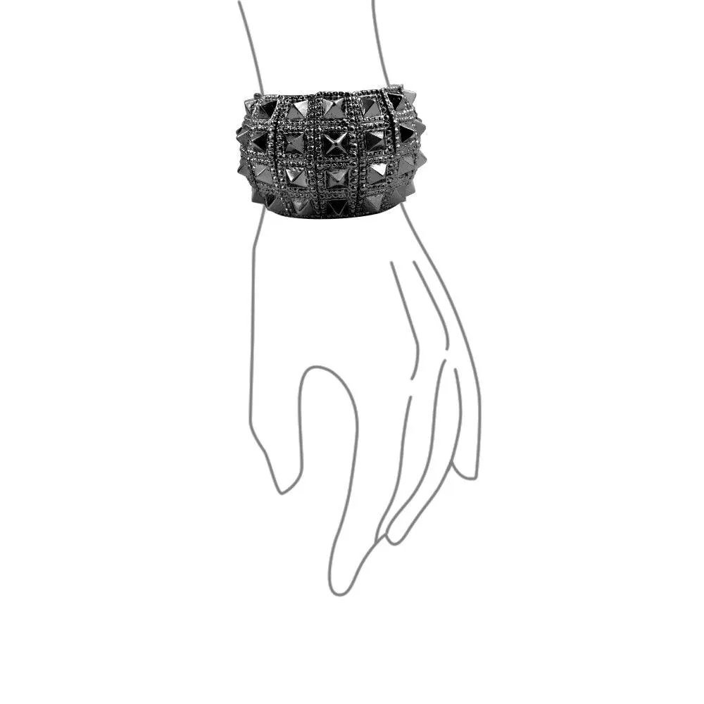 Black Grey Goth Biker Stretch Bracelet for Men - Wide Cuff Punk Rock Jewelry