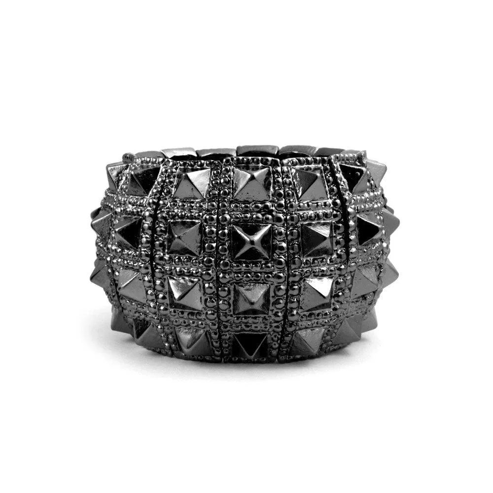 Black Grey Goth Biker Stretch Bracelet for Men - Wide Cuff Punk Rock Jewelry