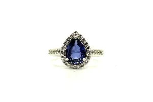 Ceylon Sapphire & Diamond Drop Halo Ring/ Item Code: RNG 15