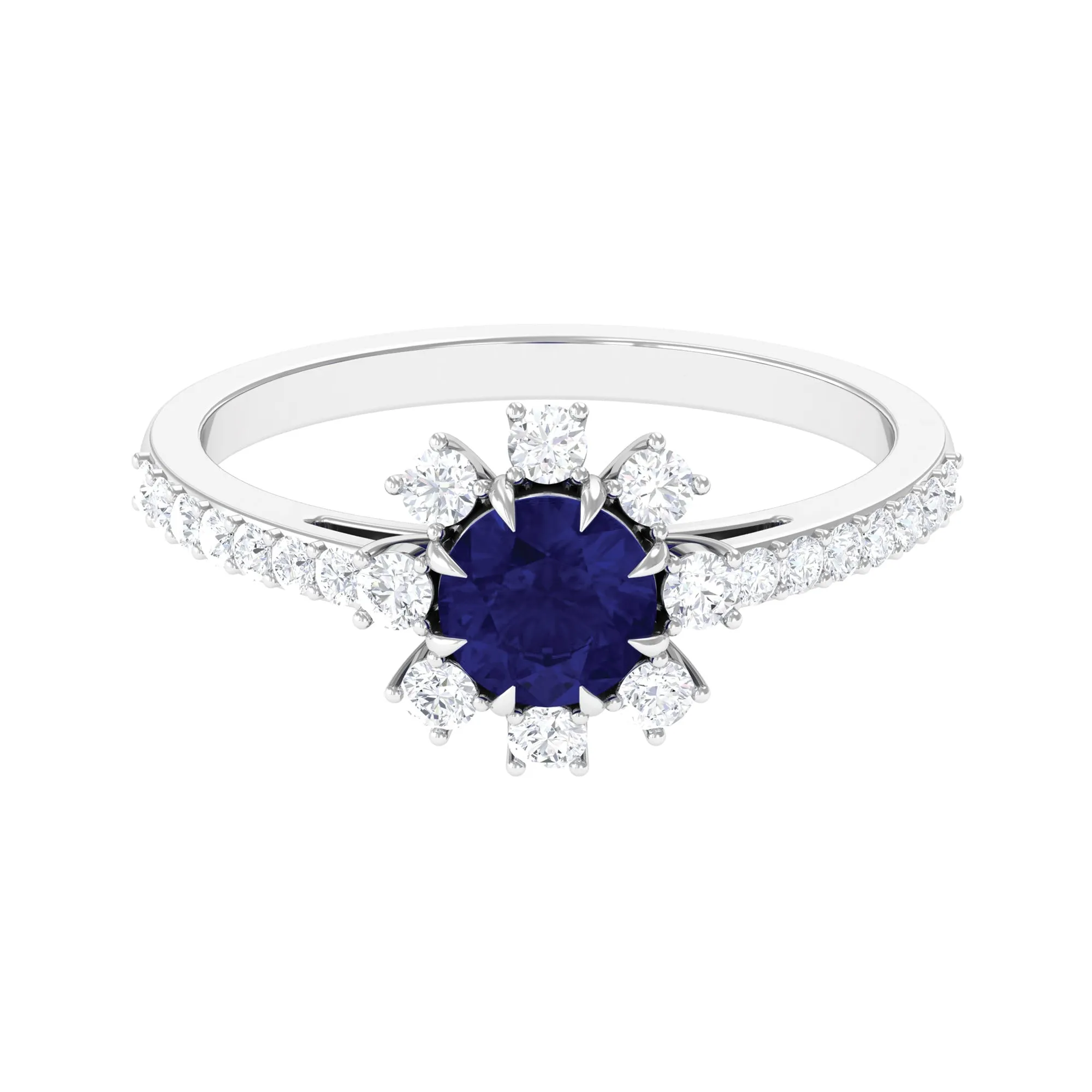 Classic Blue Sapphire Halo Engagement Ring with Diamond