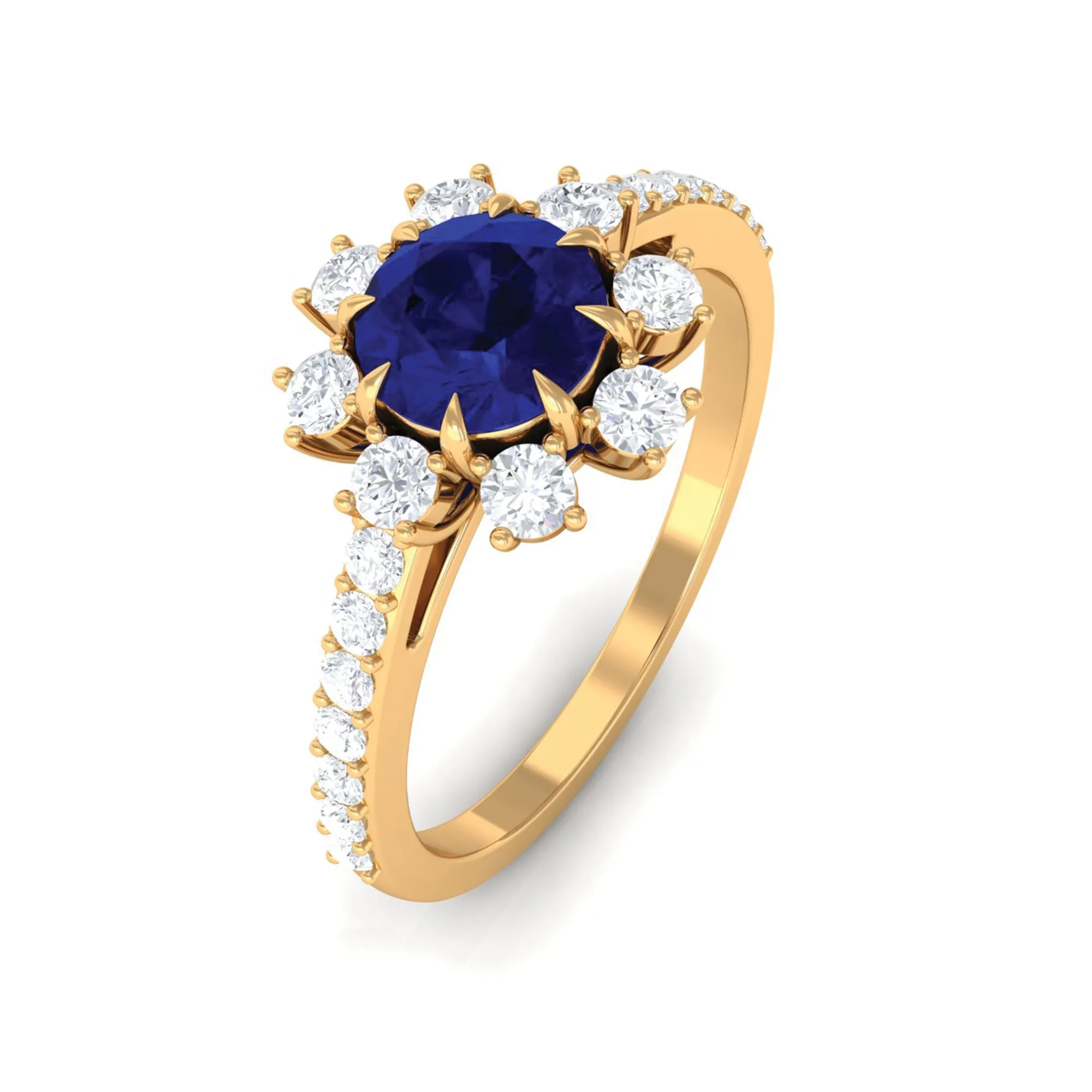 Classic Blue Sapphire Halo Engagement Ring with Diamond