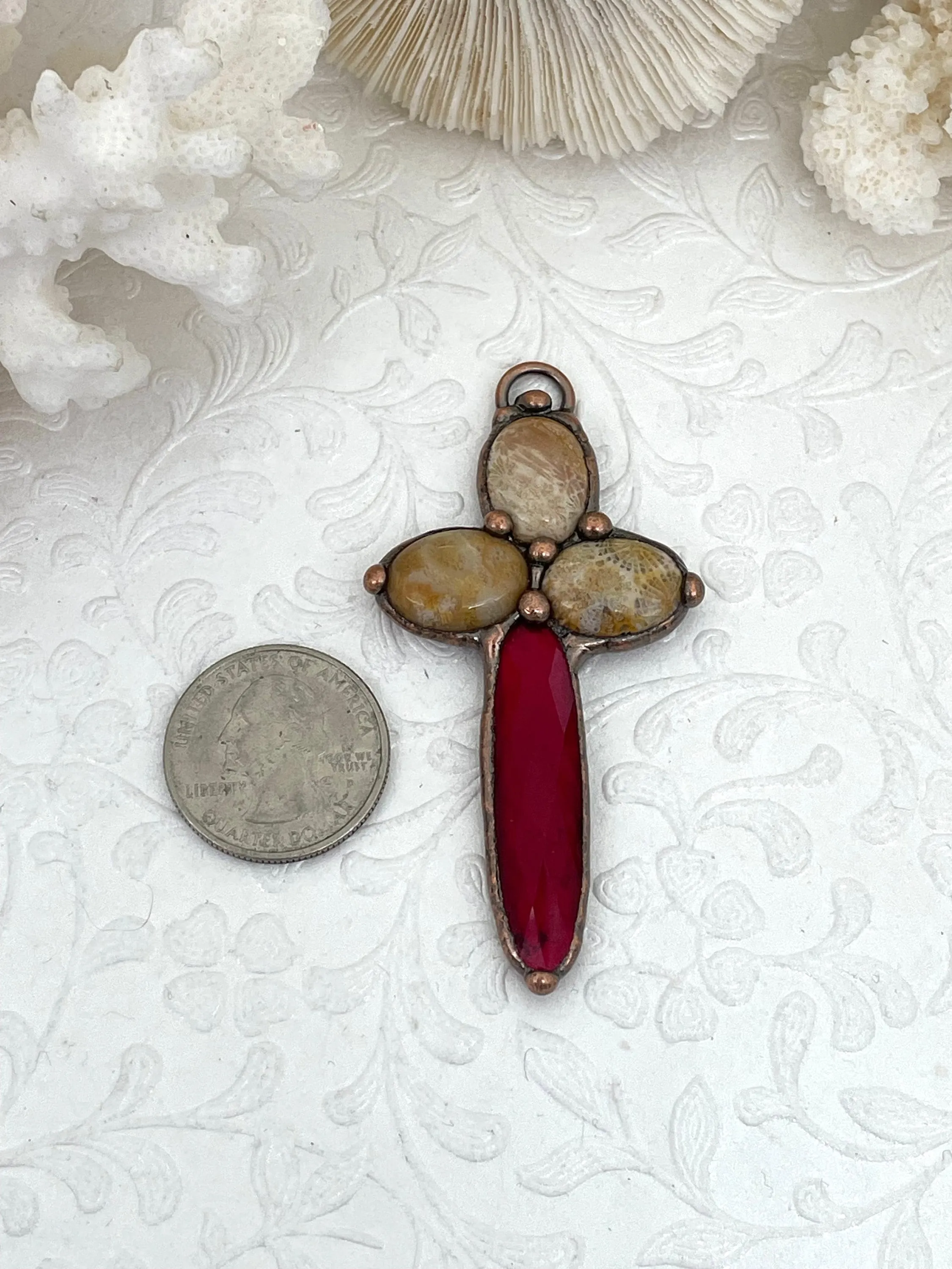 Copper Soldered Stone Cross Pendants, Cross Shape Crystal and Red Stone, 65mm x 37mm x 6mm, Fast Shipping