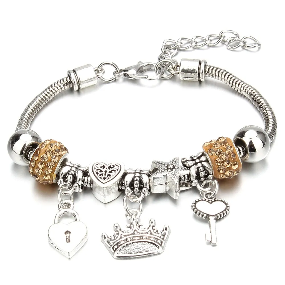 Crown Key Lock Vintage Bracelet For Women with Glass Beads