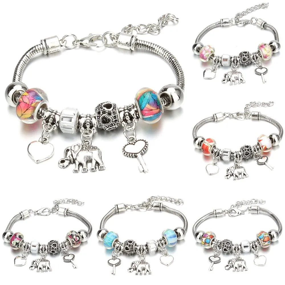 Crown Key Lock Vintage Bracelet For Women with Glass Beads