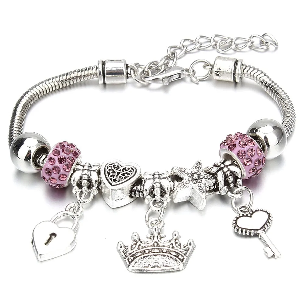 Crown Key Lock Vintage Bracelet For Women with Glass Beads