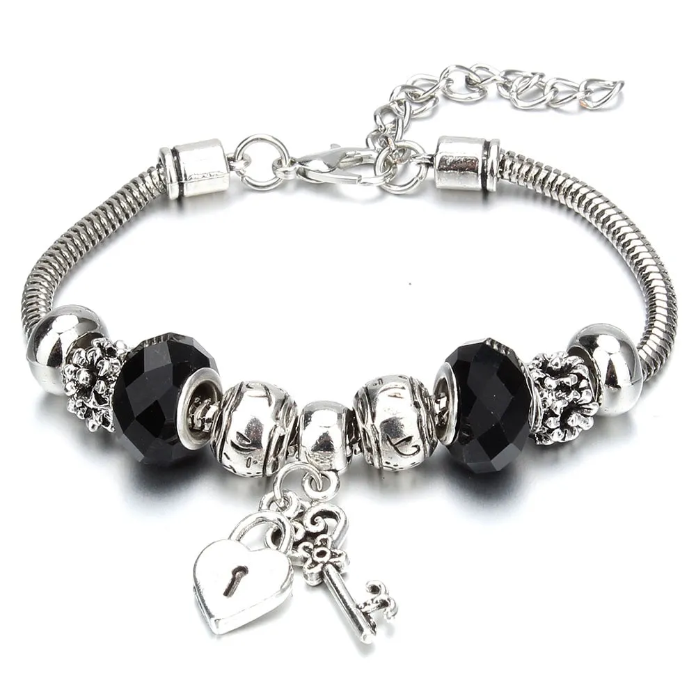 Crown Key Lock Vintage Bracelet For Women with Glass Beads