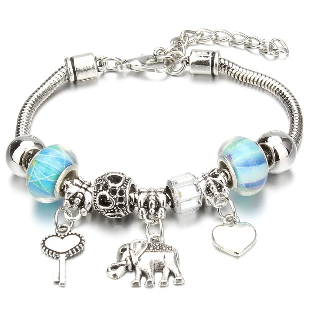 Crown Key Lock Vintage Bracelet For Women with Glass Beads