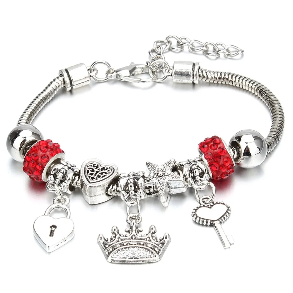 Crown Key Lock Vintage Bracelet For Women with Glass Beads