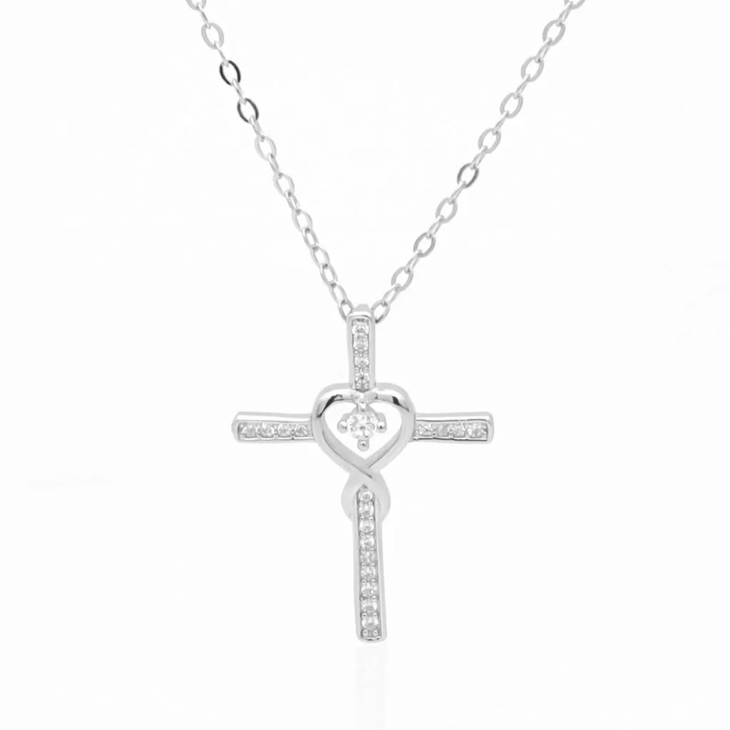 CZ Paved Cross with Heart Sterling Silver Necklace