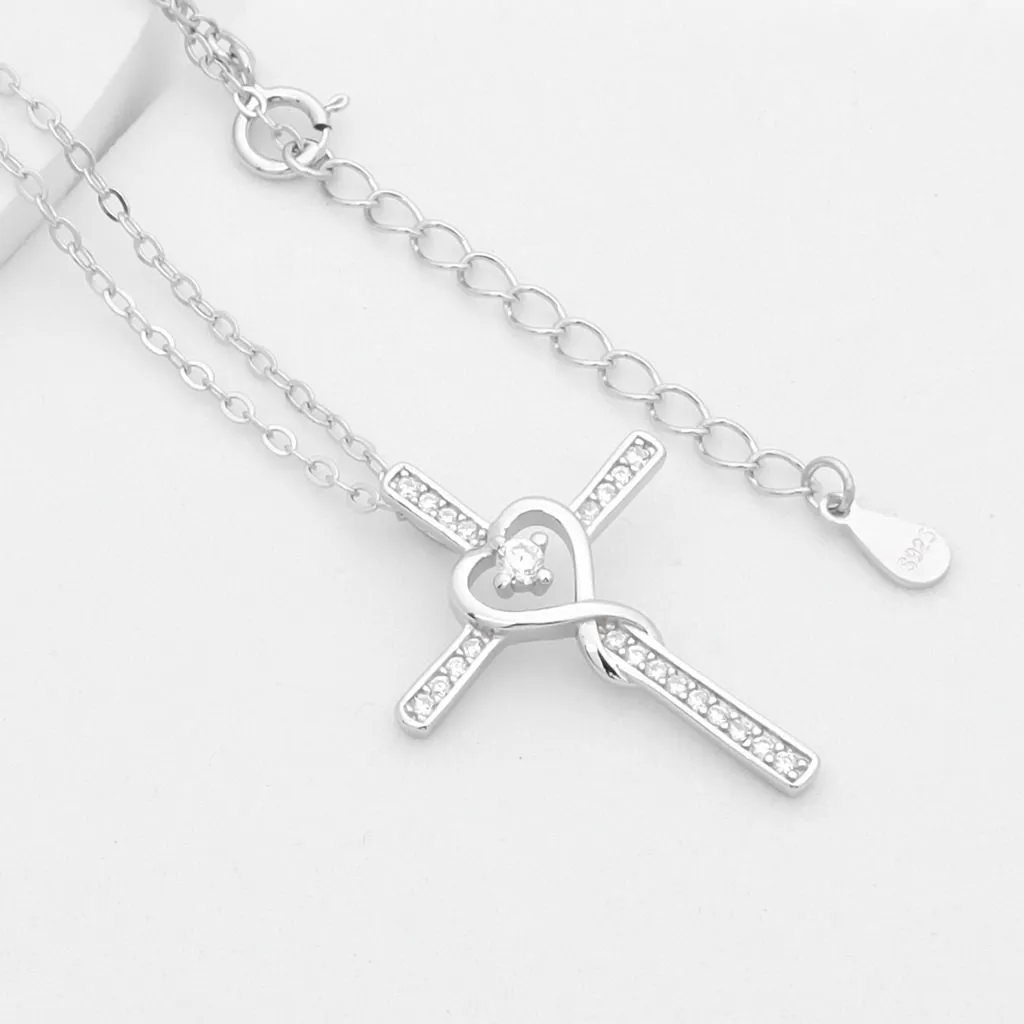 CZ Paved Cross with Heart Sterling Silver Necklace