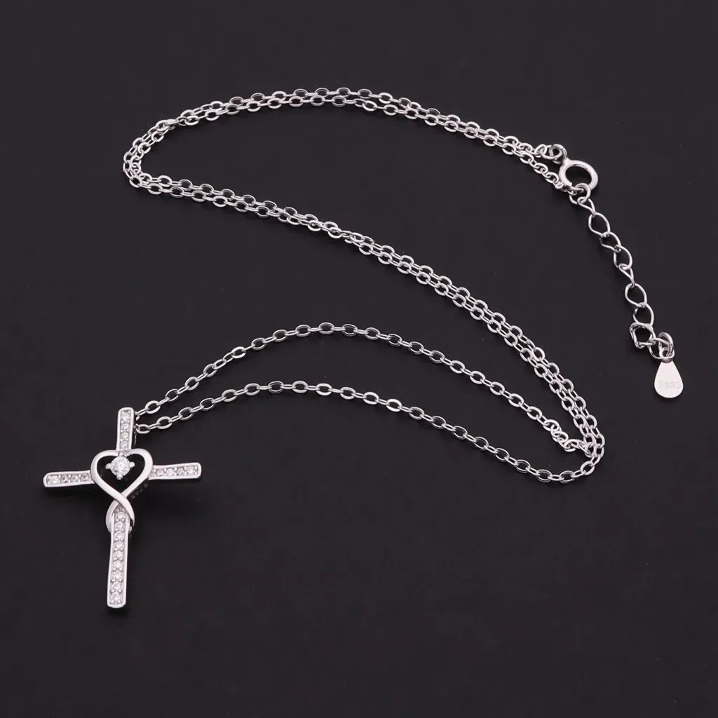 CZ Paved Cross with Heart Sterling Silver Necklace