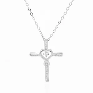 CZ Paved Cross with Heart Sterling Silver Necklace