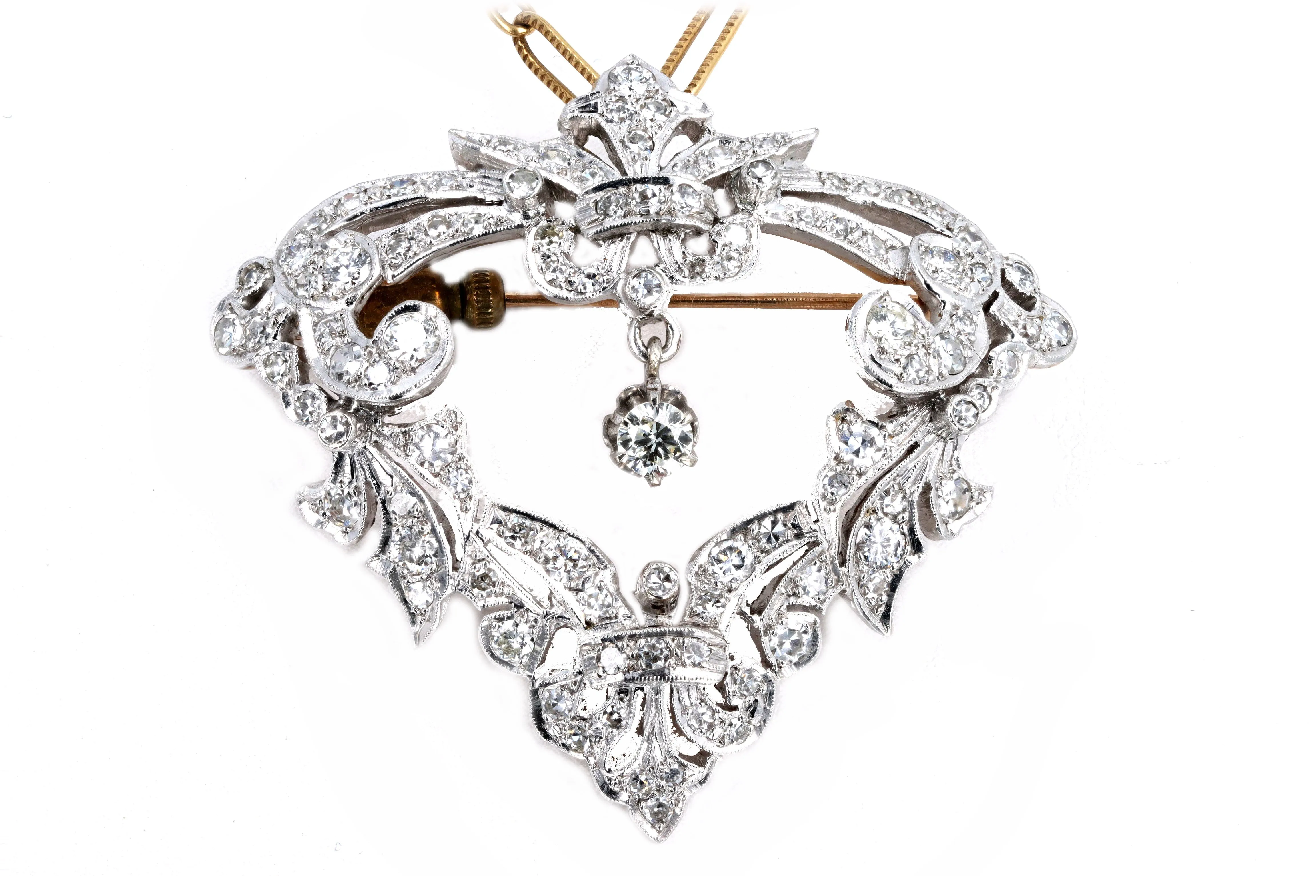 Edwardian 3 Carat Total Weight Old European Diamond Brooch Pendant Necklace