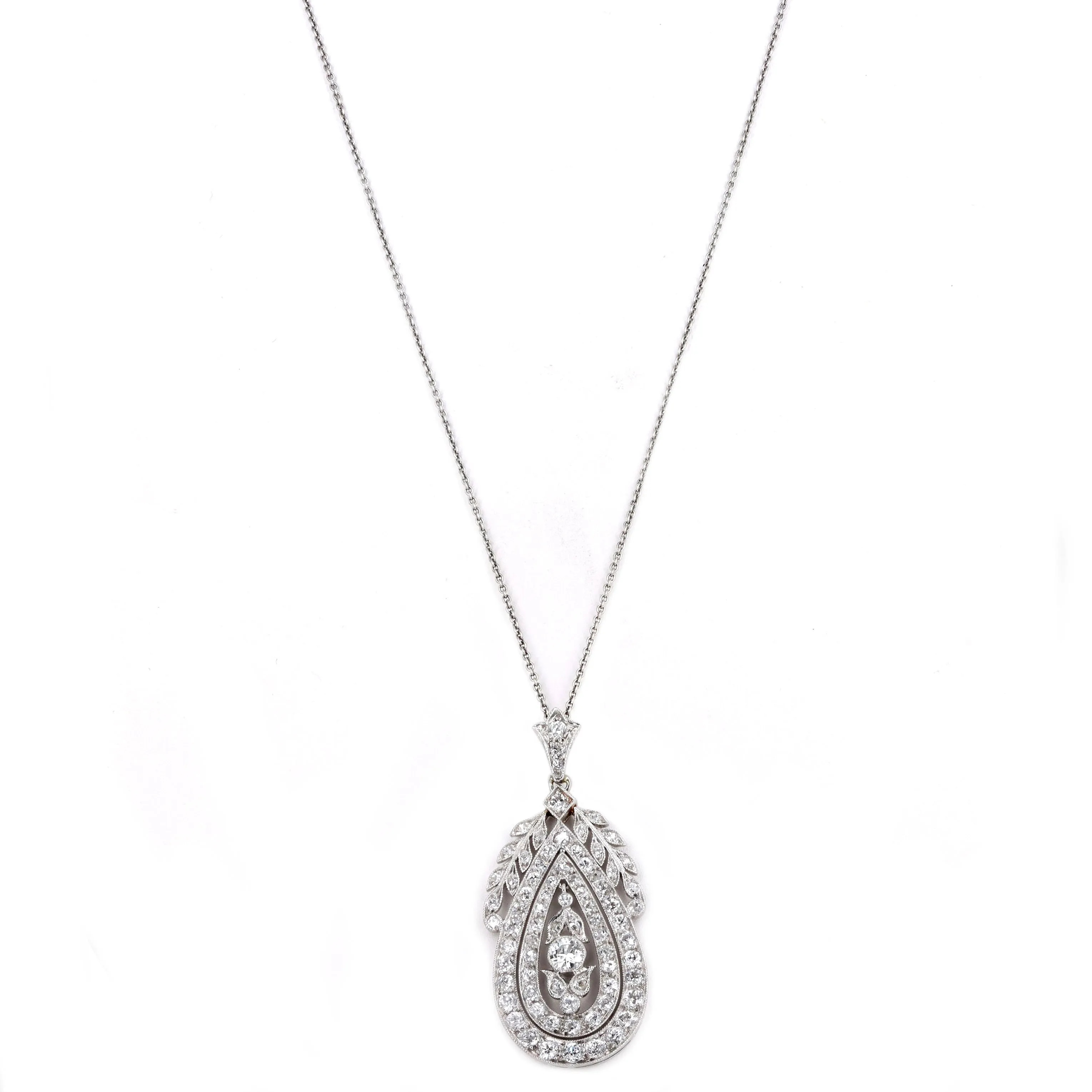 Edwardian Platinum 3 Carat Total Weight Old European Diamond Pendant Necklace