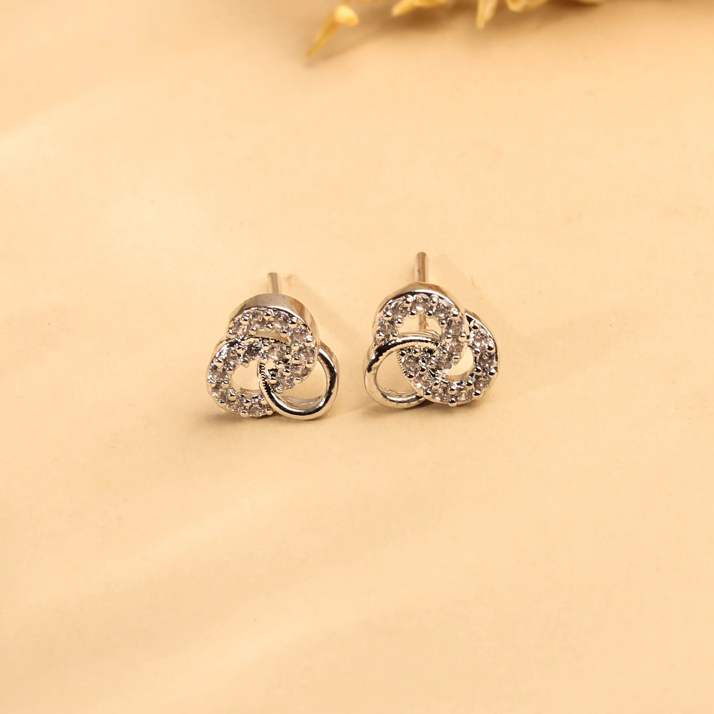 Elegant Rhodium Plated Tri Loop CZ Stud Earring For Women