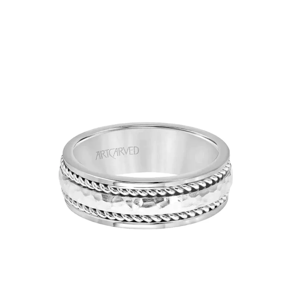 ESSEX 14k White Gold Wedding Band Hammered Finish Center with Rope Design Rolled Edges by Artcarved - 7.5 mm