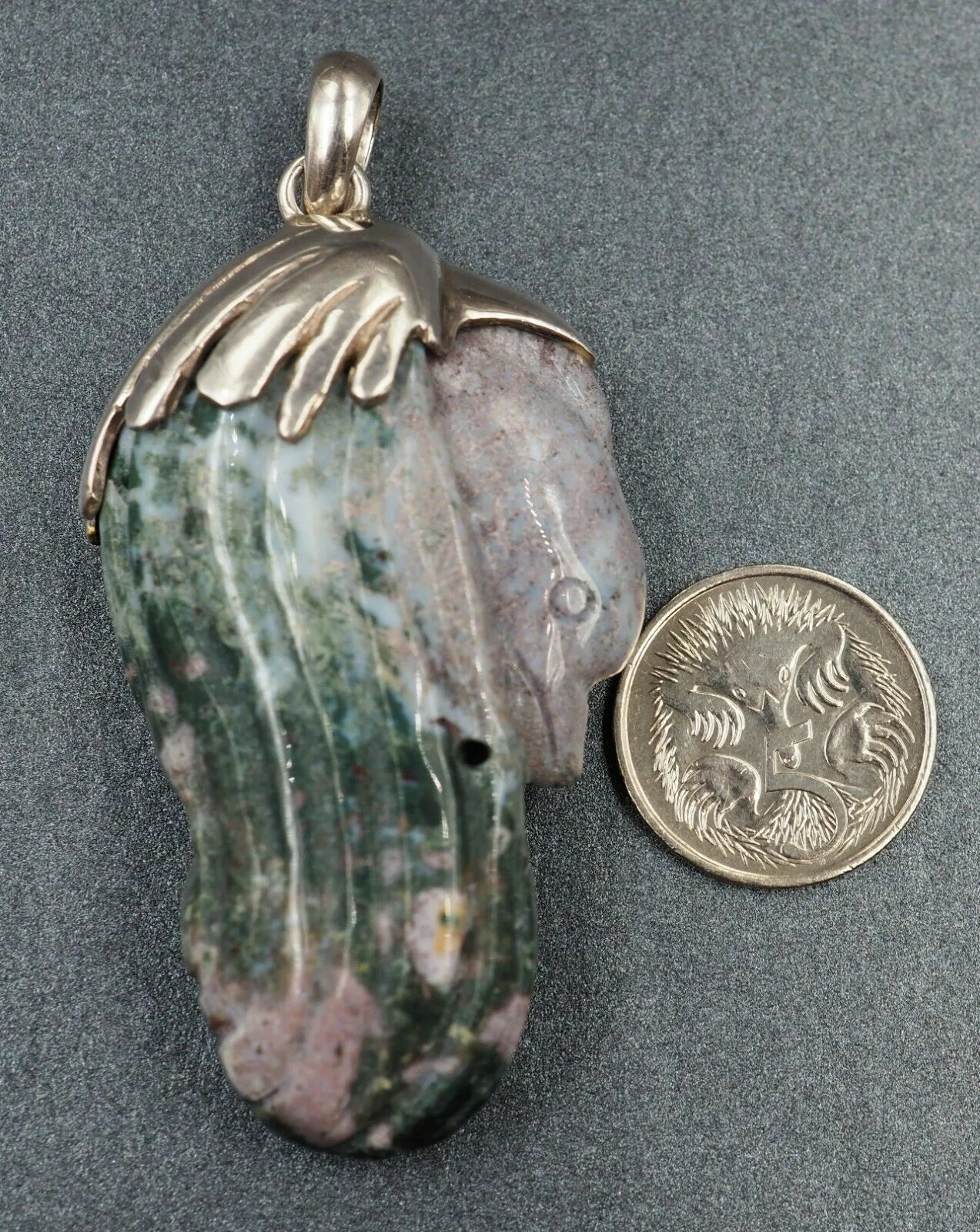 FANTASTIC UNIQUE DOLPHIN Carved Rock Pendant Sterling Silver Statement Jewellery