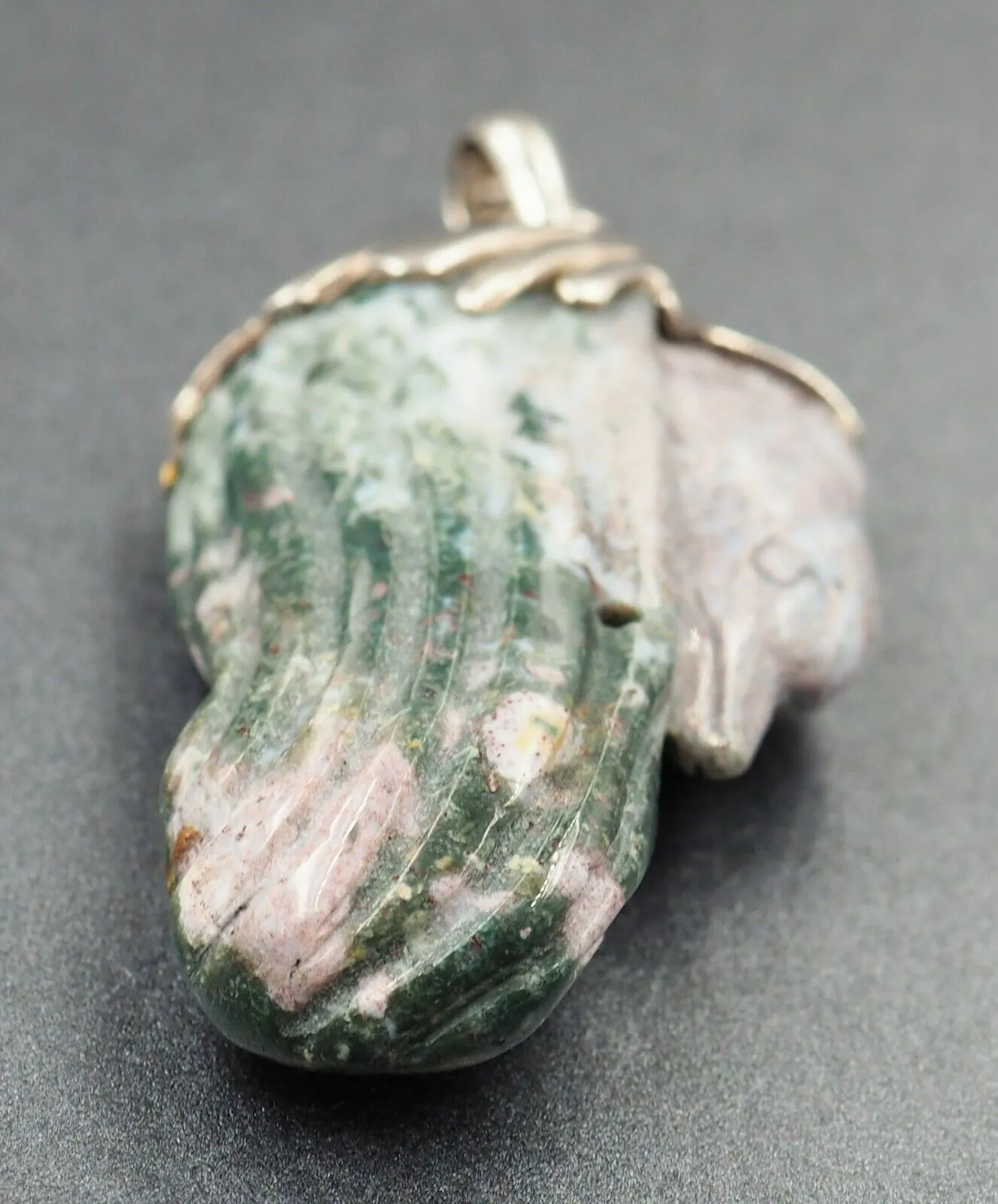 FANTASTIC UNIQUE DOLPHIN Carved Rock Pendant Sterling Silver Statement Jewellery