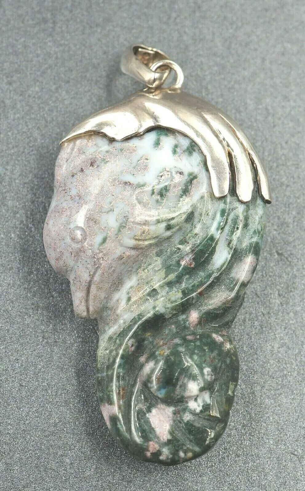 FANTASTIC UNIQUE DOLPHIN Carved Rock Pendant Sterling Silver Statement Jewellery