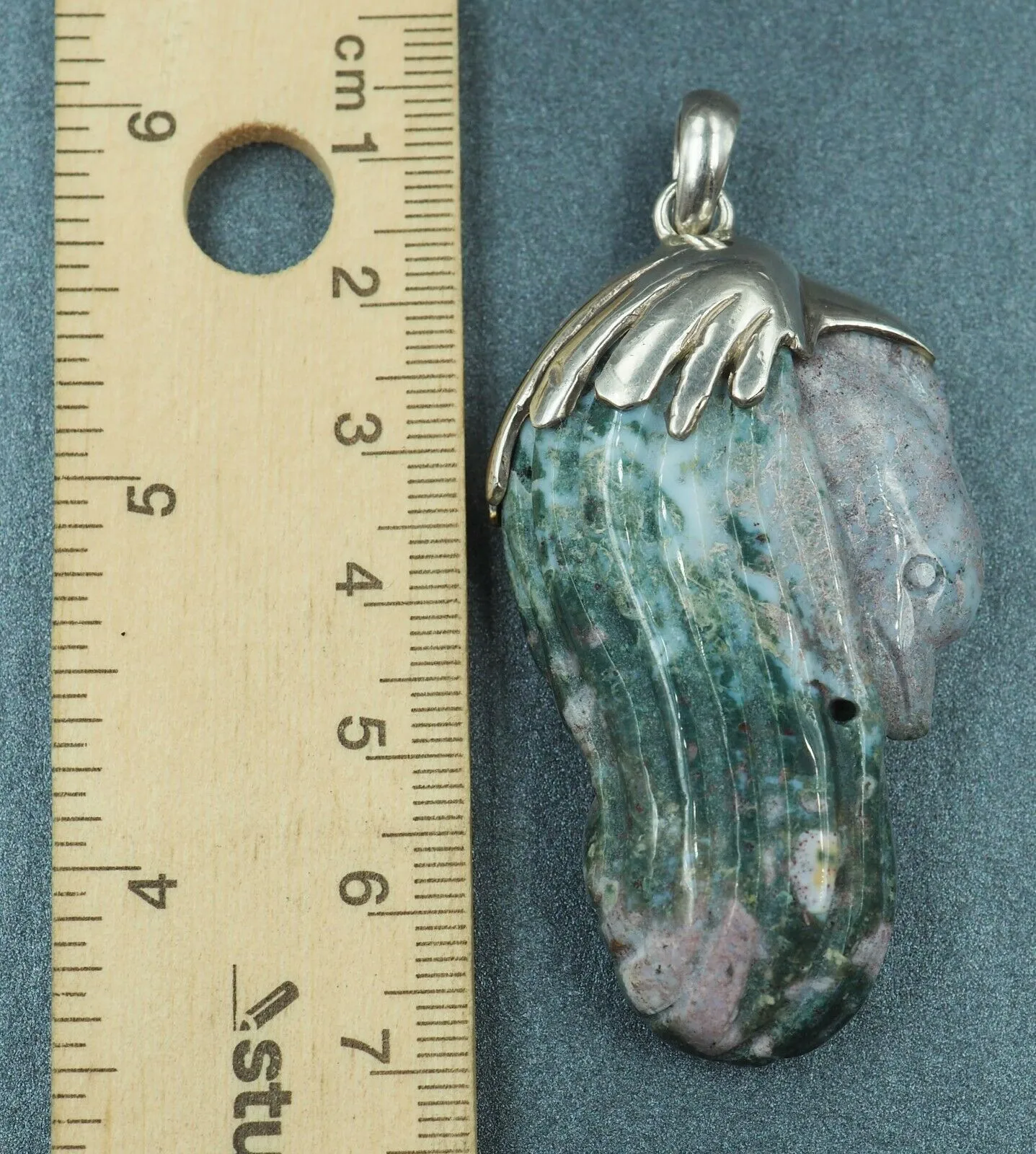 FANTASTIC UNIQUE DOLPHIN Carved Rock Pendant Sterling Silver Statement Jewellery