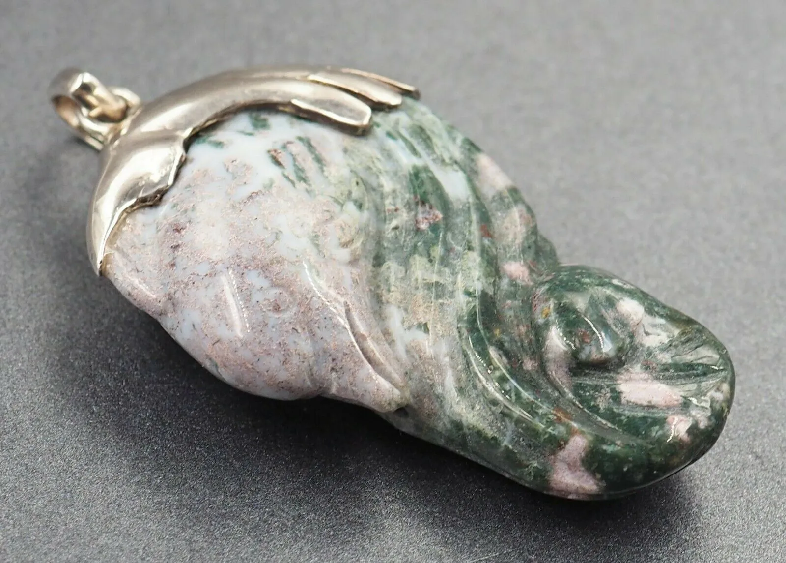 FANTASTIC UNIQUE DOLPHIN Carved Rock Pendant Sterling Silver Statement Jewellery