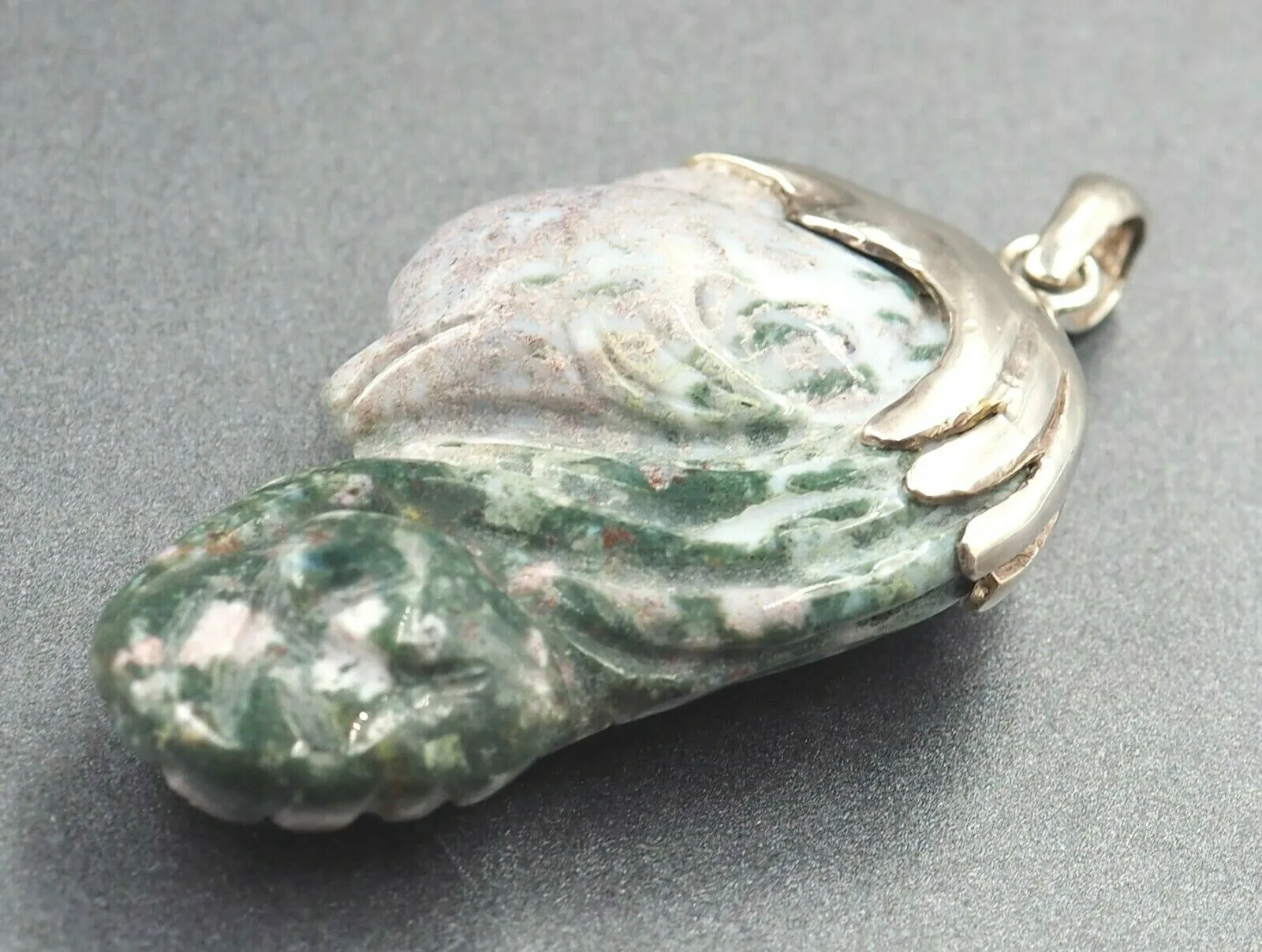 FANTASTIC UNIQUE DOLPHIN Carved Rock Pendant Sterling Silver Statement Jewellery