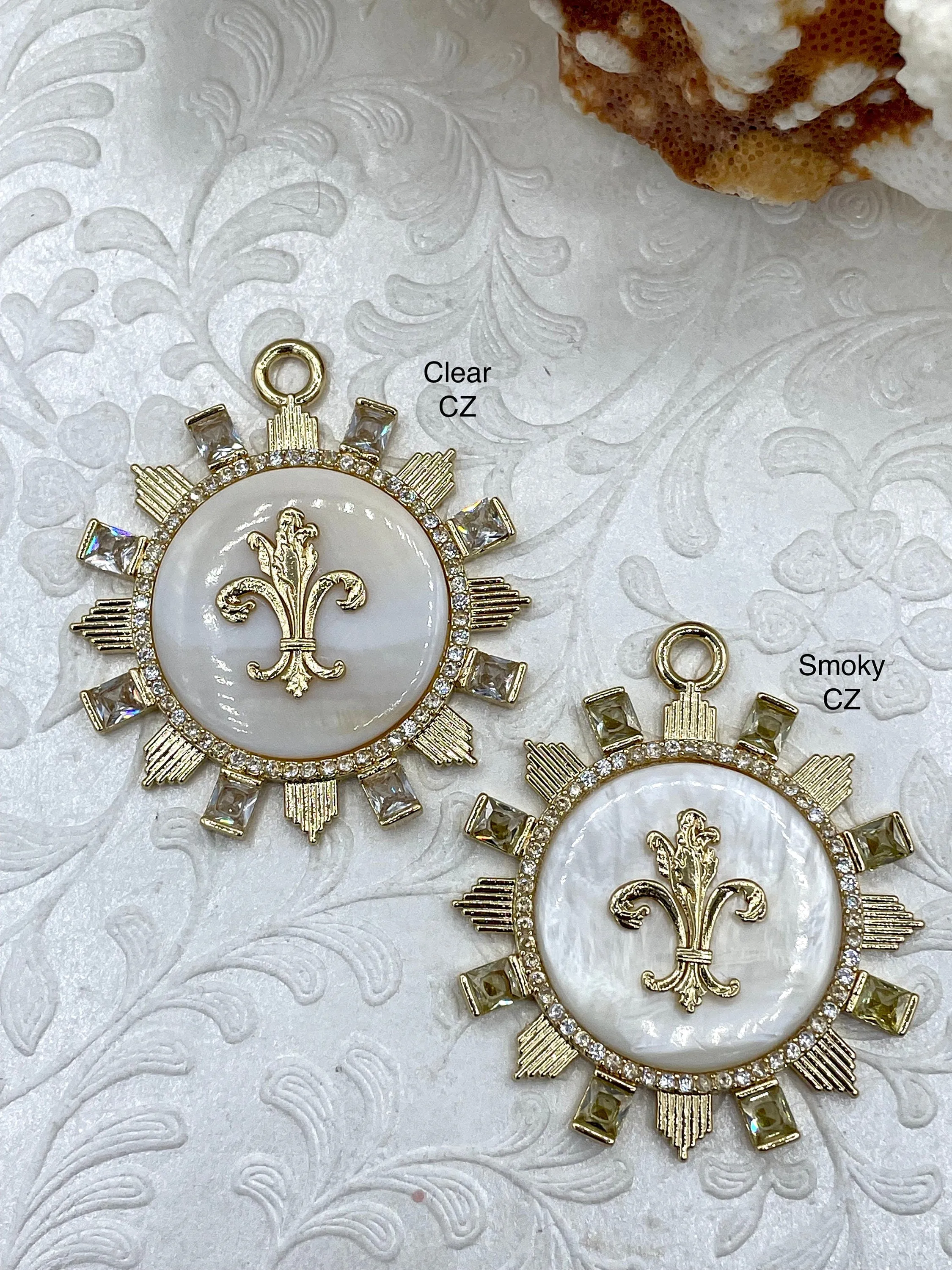 Genuine Mother of Pearl Pendants with Fleur de Lis Gold Plated Brass Bezel and Colorful Cubic Zirconia Accents, 2 CZ colors, Fast Ship